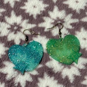 Glitter Heart Earrings in Blue and Green (handmade)